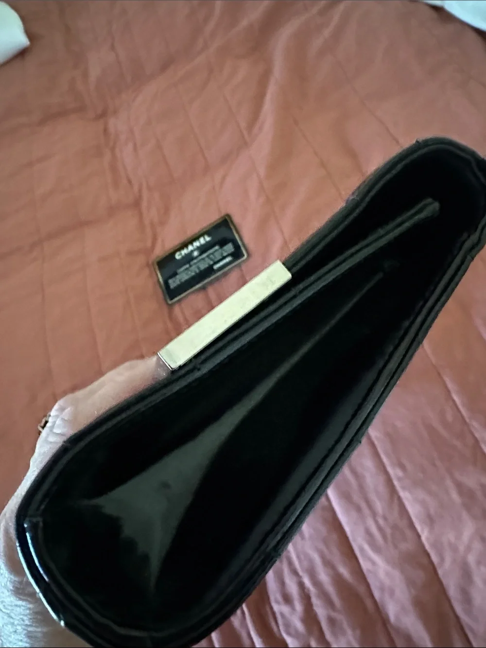 CHANEL Black Quilted Patent Leather chocolate bar silver HW pristine w card